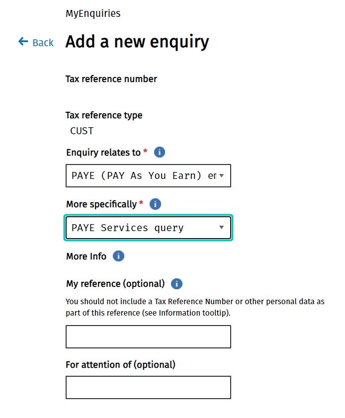 Add a new enquiry on Revenue.ie